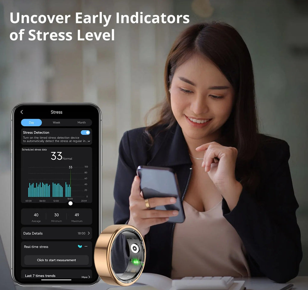 Woman using a smartphone app with a device labeled 'Uncover Early Indicators of Stress Level'.