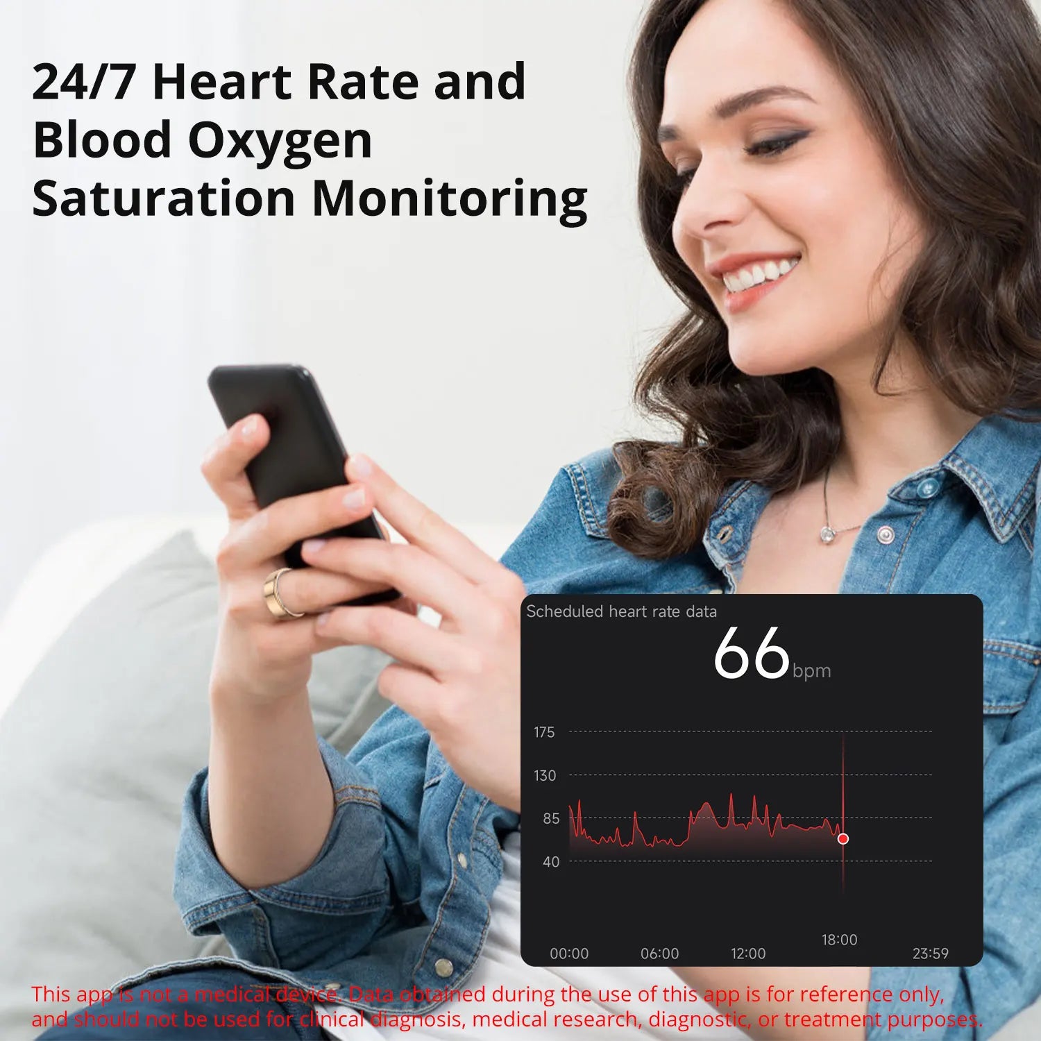 Woman using a smartphone with heart rate and blood oxygen saturation monitoring app displayed.