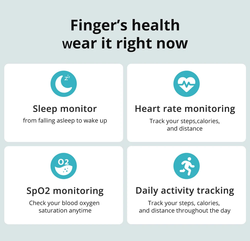 Health monitoring device features with icons and text on a light gray background