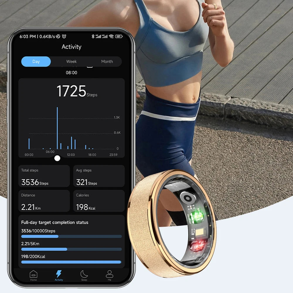 Woman exercising by a lake with fitness tracker and smartphone app displayed