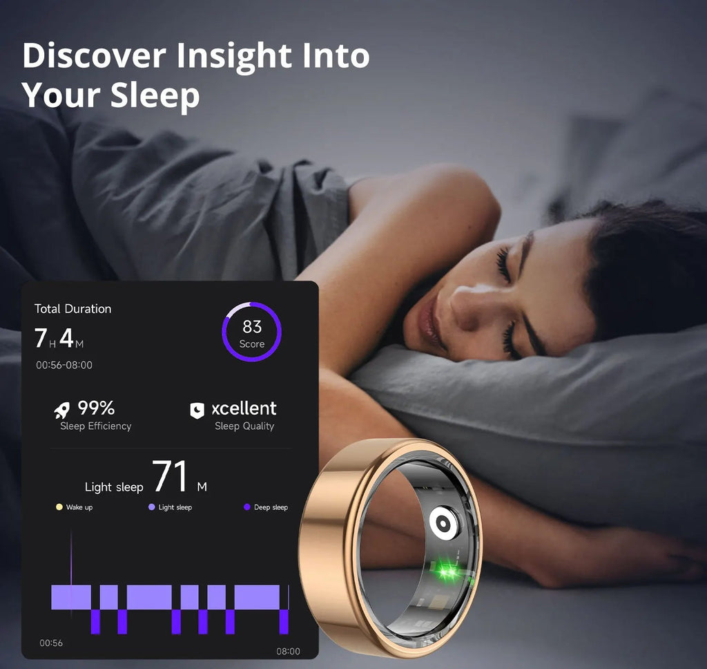 Person sleeping with a sleep tracking device on wrist and sleep analysis display.