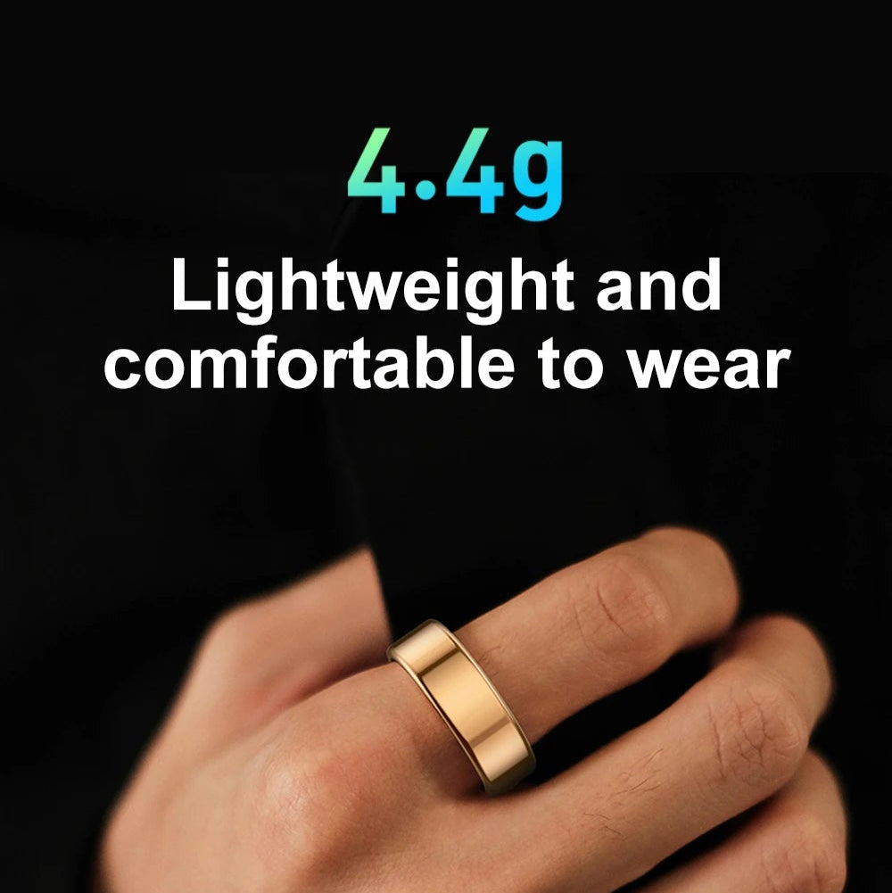 Gold ring being worn on a hand with text about weight and thickness, against a black background.