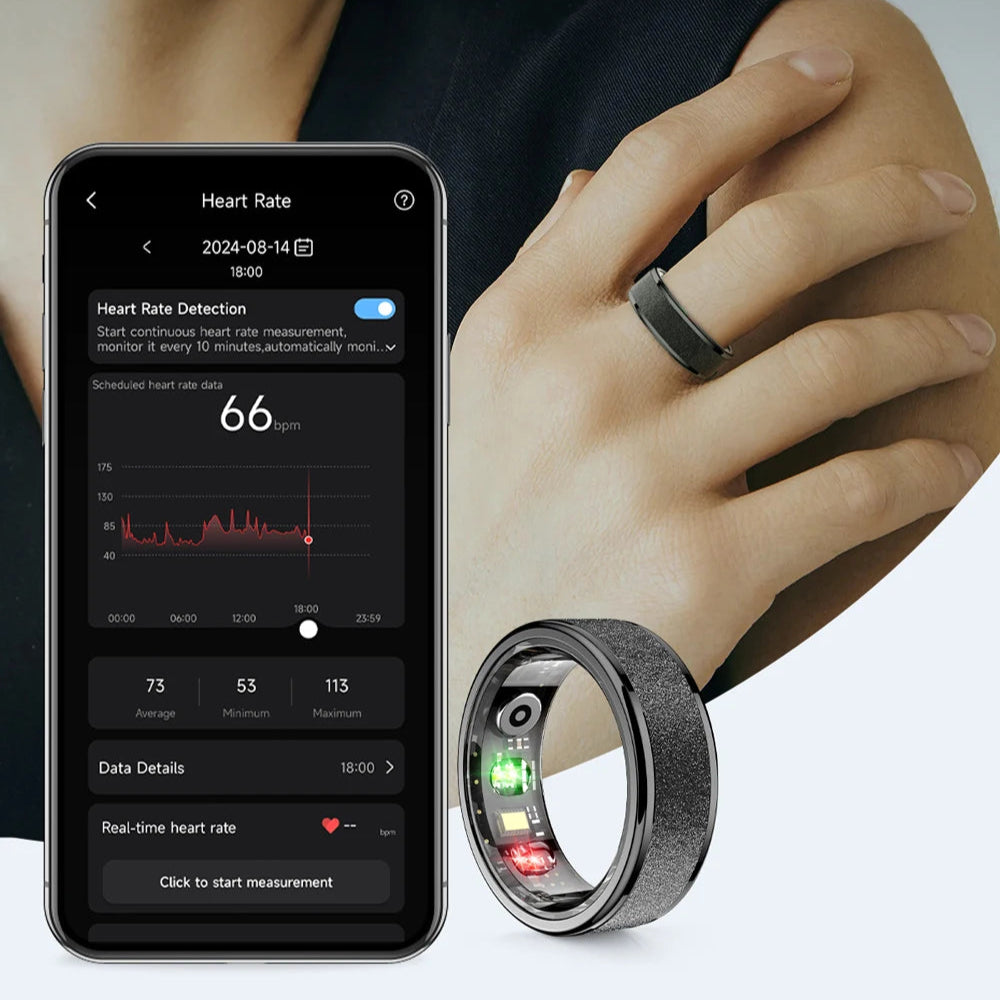 smart ring showing heart rate monitor on a white background with text about health tracking.
