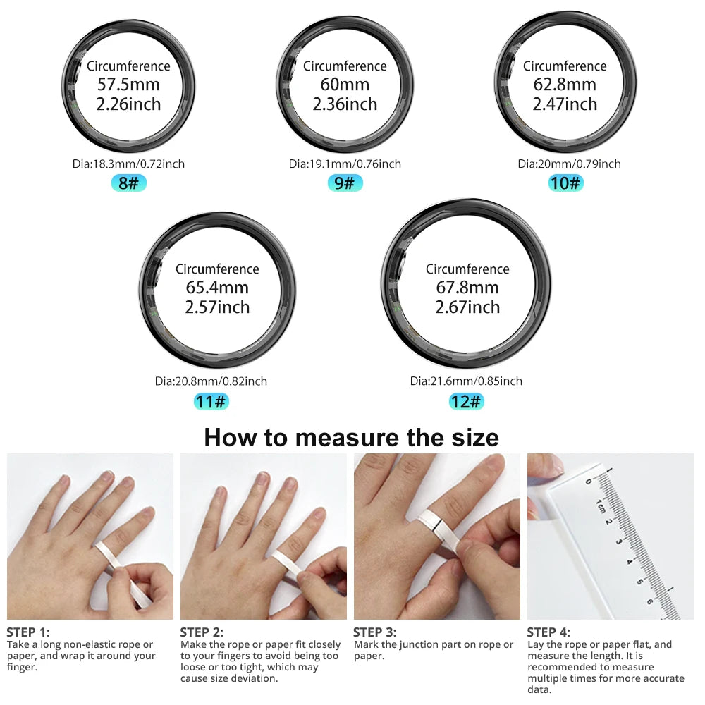 Ring size chart with measurements and how-to measure instructions on a white background