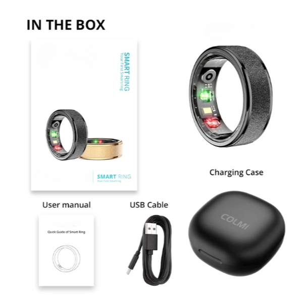 Smart ring with packaging, charging case, USB cable, and user manual on a white background