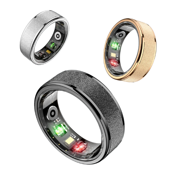 Three smart rings in different colors on a white background